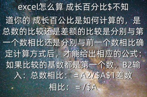 excel怎么算 成長百分比$不知道你的 成長百公比是如何計算的，是總數(shù)的比較還是差額的比較是分別與第一個數(shù)相比還是分別與前一個數(shù)相比確定計算方式后，才能給出相應(yīng)的公式：如果比較的基數(shù)都是第一個數(shù)，B2輸入：總數(shù)相比：＝A2/$A$1差數(shù)相比：＝/$A